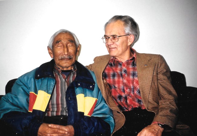 Etooangat and Dr. Otto Schaefer, who worked together to combat illness around Pangnirtung during the 1950s, sit together in the community elders' centre in May 1993. (PHOTO BY JANE GEORGE)