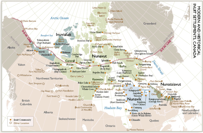 This map from Aboriginal Affairs and Northern Development Canada shows the Inuit regions of northern Canada.