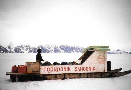Panuli stands near the komatik which takes us out to the floe edge. (PHOTO BY JANE GEORGE)