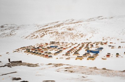 From the top of the hill near Salluit, the community below, 1996. (PHOTO BY JANE GEORGE)