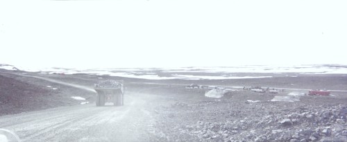 A truck rolls along a road outside the Raglan mine in Nunavik in the mid-1990s. (PHOTO BY JANE GEORGE)