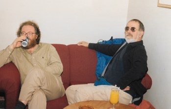 My fellow student Stuart Innis, a research scientist with the Department of Fisheries, who died in a helicopter crash near Resolute Bay, Nunavut in 2000, and Mick Mallon, longtime Inuktitut teacher, relax after a day in the intensive Inuktitut course held at Nunavut Arctic College in Iqaluit in 1993. (PHOTO BY JANE GEORGE)