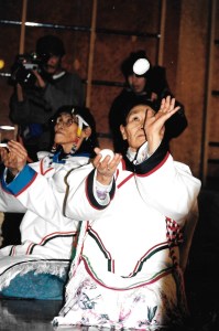 A demonstration of ajagaq, a cup and ball game, is included in the Return of the Sun ceremony in Igloolik in January, 1997. (PHOTO BY JANE GEORGE)