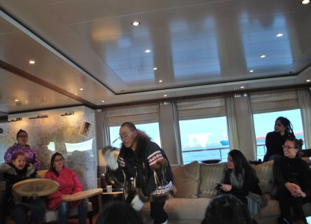 Trisha Ogina, Jerry Puglik, Tetra Otokiak and Pam Gross of Cambridge Bay preform Sept. 12 aboard the luxury yacht, the Latitude, which was awaiting refueling in Cambridge Bay. (PHOTO COURTESY OF THE KITIKMEOT HERITAGE SOCIETY)