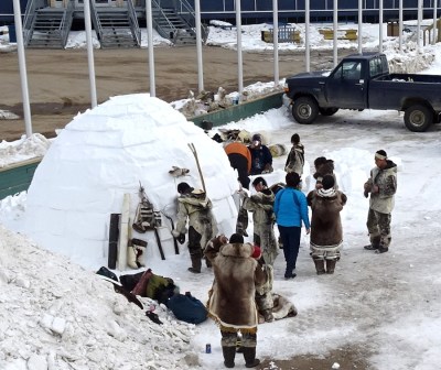 Looking out of the media room in the Cadet Hall, I could see the Inuit Village erected for the Arctic Council ministerial meeting. (PHOTO BY JANE GEORGE)