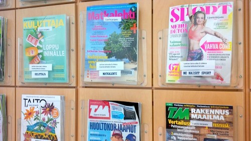 A selection of magazines that can be borrowed from a library in Finland. (PHOTO BY JANE GEORGE)